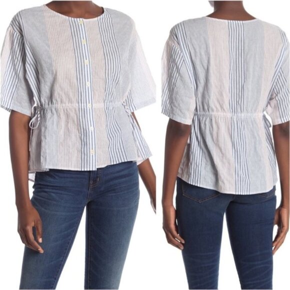 MADEWELL Drawstring Waist Striped Top Tie Side Blouse Light M Stripes L5107 - Picture 1 of 8